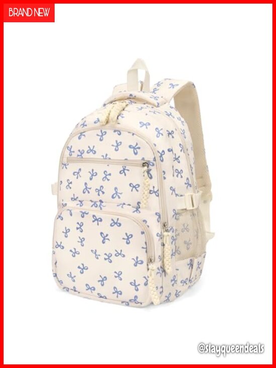Cute Bow Nylon Backpack for Women Kawaii Aesthetic Schoolbag Rucksack with